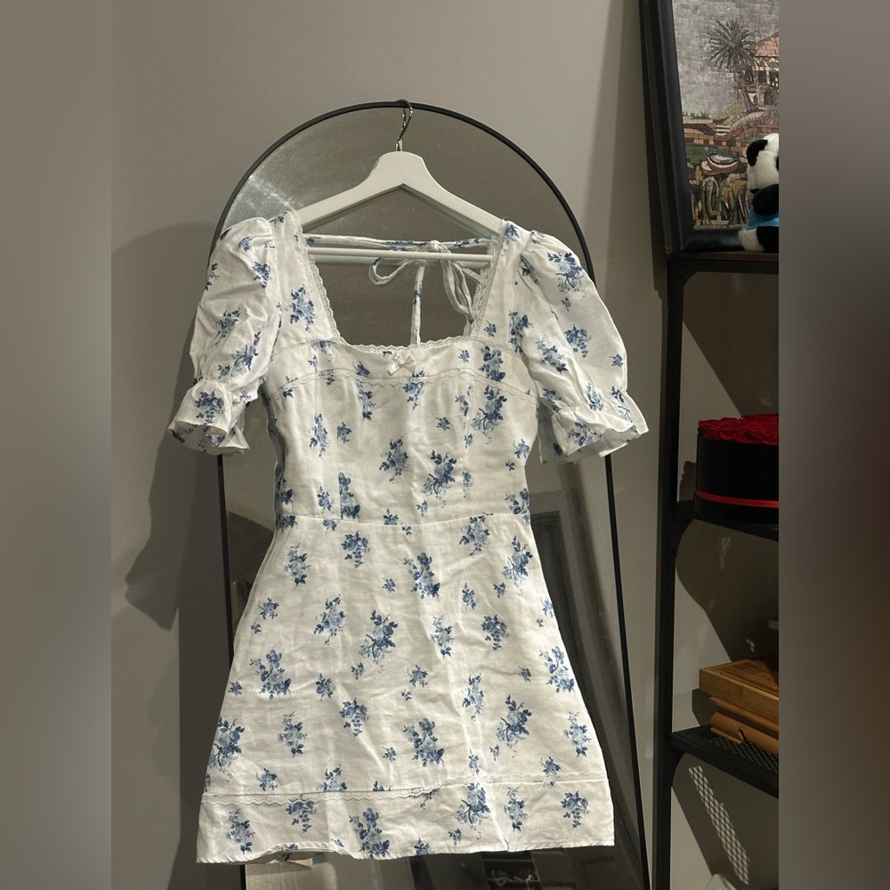 Reformation Evianna Linen Dress White and Blue Floral Mini Dress - Picture 5 of 9